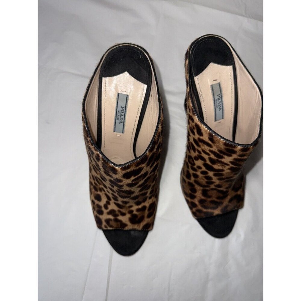 PRADA St Leopardo Miele Moro Leopard Calf Hair Wedge Slides - Picture 5 of 16